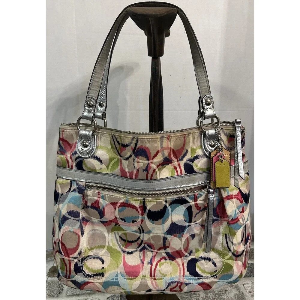 Coach Poppy Ikat Signature C Glam Shoulder Tote Bag Watercolor Print Silver Trim